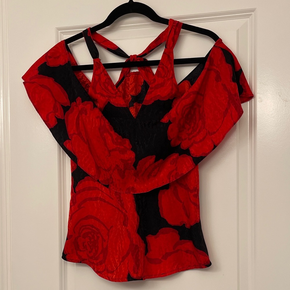 Trina Turk Silk  Vibrant Red and Black Floral Top